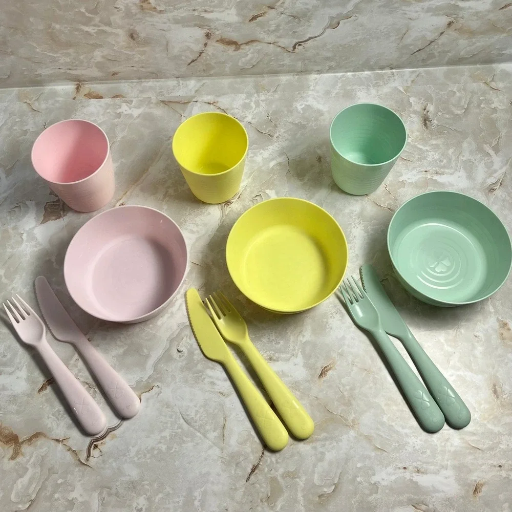 Ikea KALAS Girls 12 Pieces Bowls Cups‎ Cutlery Mixed Pastel Colors PBA Free